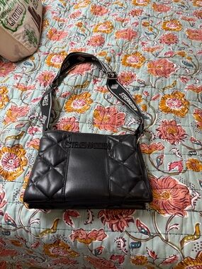 Steve Madden Black Quilted Logo Crossbody with Branded Strap